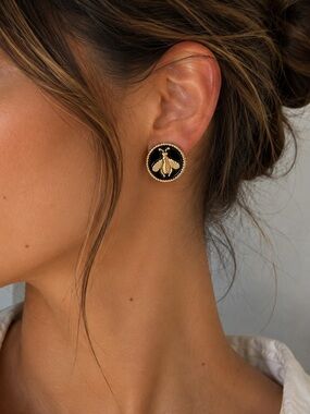 18K Gold Plated Black Enamel Button Bee Stud Earrings